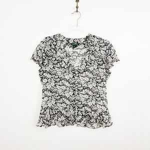 Lauren Ralph Lauren Silk Floral Ruffle Blouse Top Black White